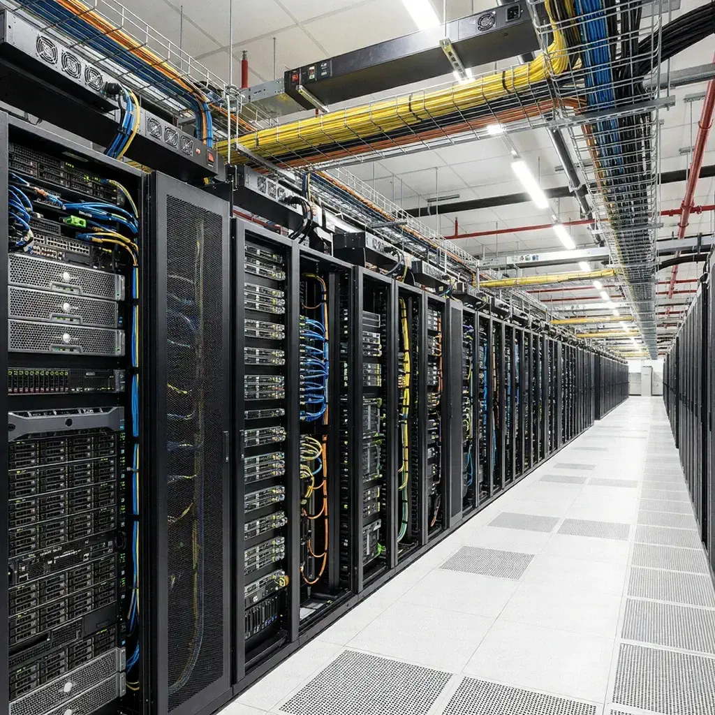 Data center server room with data processing and storage equipment